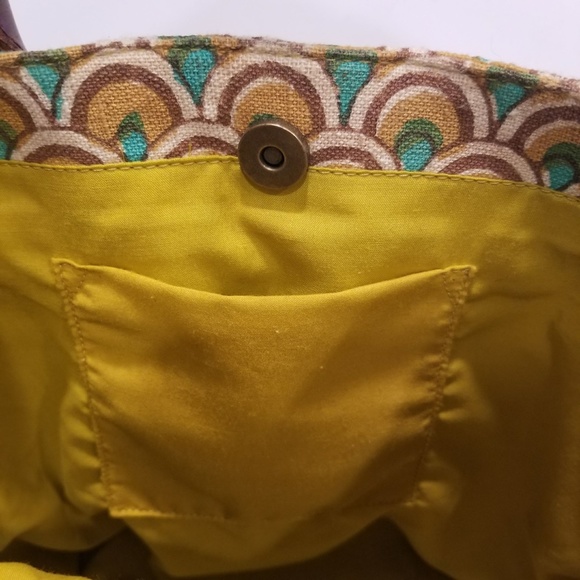 JOYN Cotton Tote Arch Print Brown Leather Yellow Green Shoulder Bag Lined Pocket - Picture 9 of 14